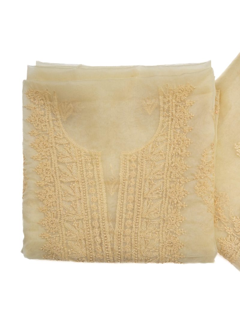 Maysarah Lucknowi | Beige Yellow | Unstitched | Festival wear | Kurta Dupatta Style | 2 pc set - Image 2