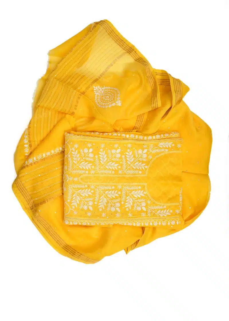 Maysarah Lucknowi | Yellow | Semi stitched | Festival wear | Kurta Dupatta Style | 2 pc set - Image 4