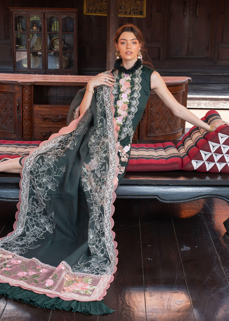Asifa & Nabeel Lawn | Dark Green | Unstitched | Party wear | Digital printed dupatta on polly silk | CHARISMA RRL-03 - Image 4