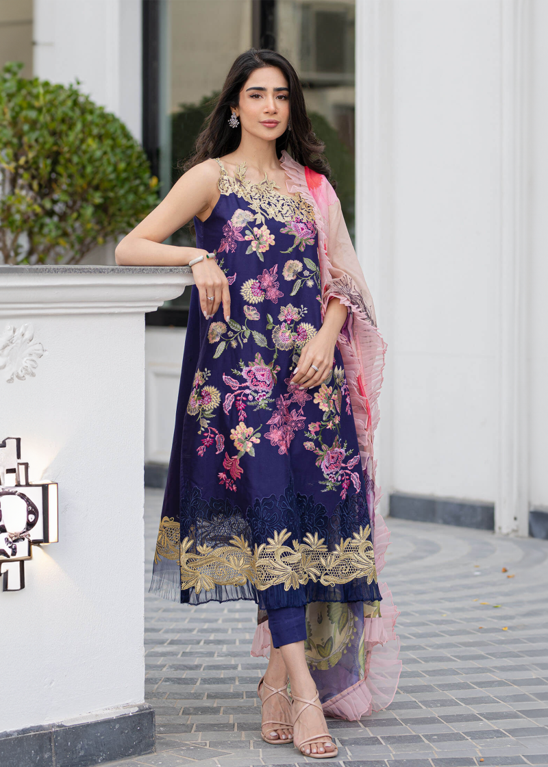 Asifa & Nabeel Lawn | Navy Blue | Unstitched | Party wear | Digital printed dupatta on polly silk | WHIMSICAL RRL-05 - Image 3