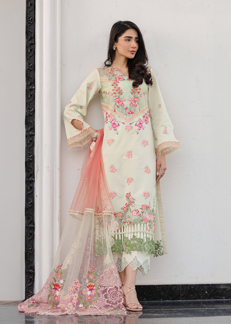 Asifa & Nabeel Lawn | Tea Green | Unstitched | Party wear | Digital printed dupatta on polly silk | SERENE RRL-07 - Image 4