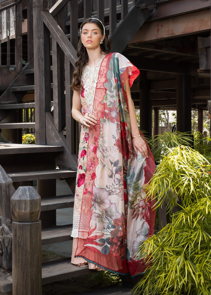 Asifa & Nabeel Lawn | Peach | Unstitched | Party wear | Digital printed dupatta on polly silk | BOTANICA RRL-10 - Image 3