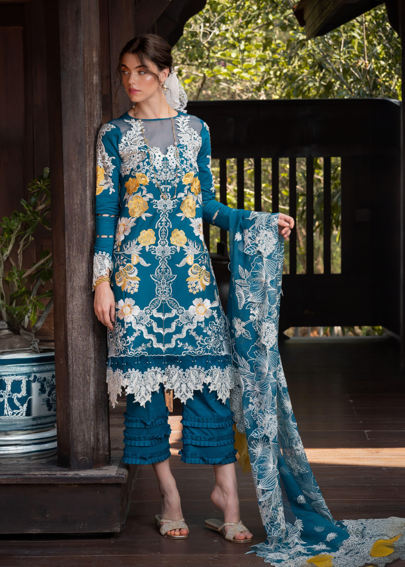 Asifa & Nabeel Lawn | Teal Green | Unstitched | Party wear | Digital printed dupatta on polly silk | FLORA RRL-11 - Image 2