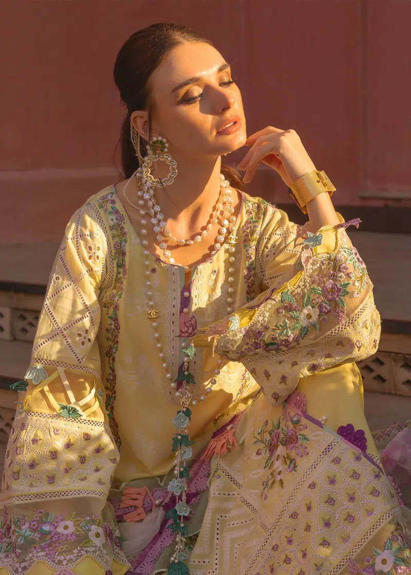 Annus Abrar Neroli Luxury Lawn | Pastel Yellow | Unstitched | Party wear | Digitally Printed Chiffon dupatta | Amaya 10 - Image 2