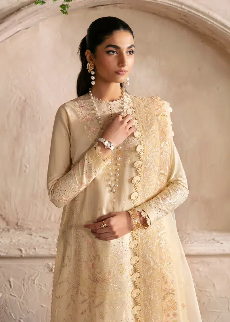 Afrozeh CASCADE Luxury Lawn | Yellow | Unstitched | Party wear | Organza embroidered Dupatta | Claire 668 - Image 3