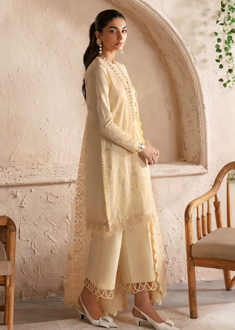Afrozeh CASCADE Luxury Lawn | Yellow | Unstitched | Party wear | Organza embroidered Dupatta | Claire 668 - Image 4