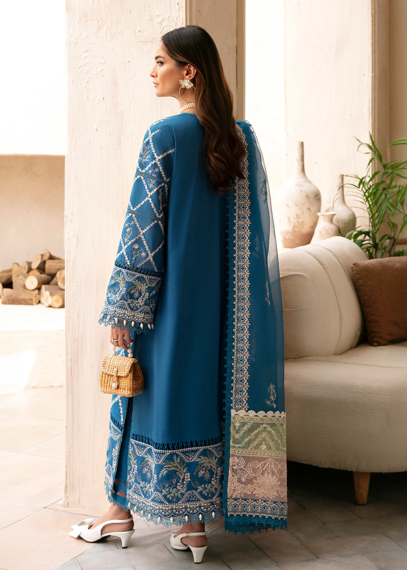 Afrozeh CASCADE Luxury Lawn | Blue | Unstitched | Party wear | Organza embroidered Dupatta | Amelia 666 - Image 2
