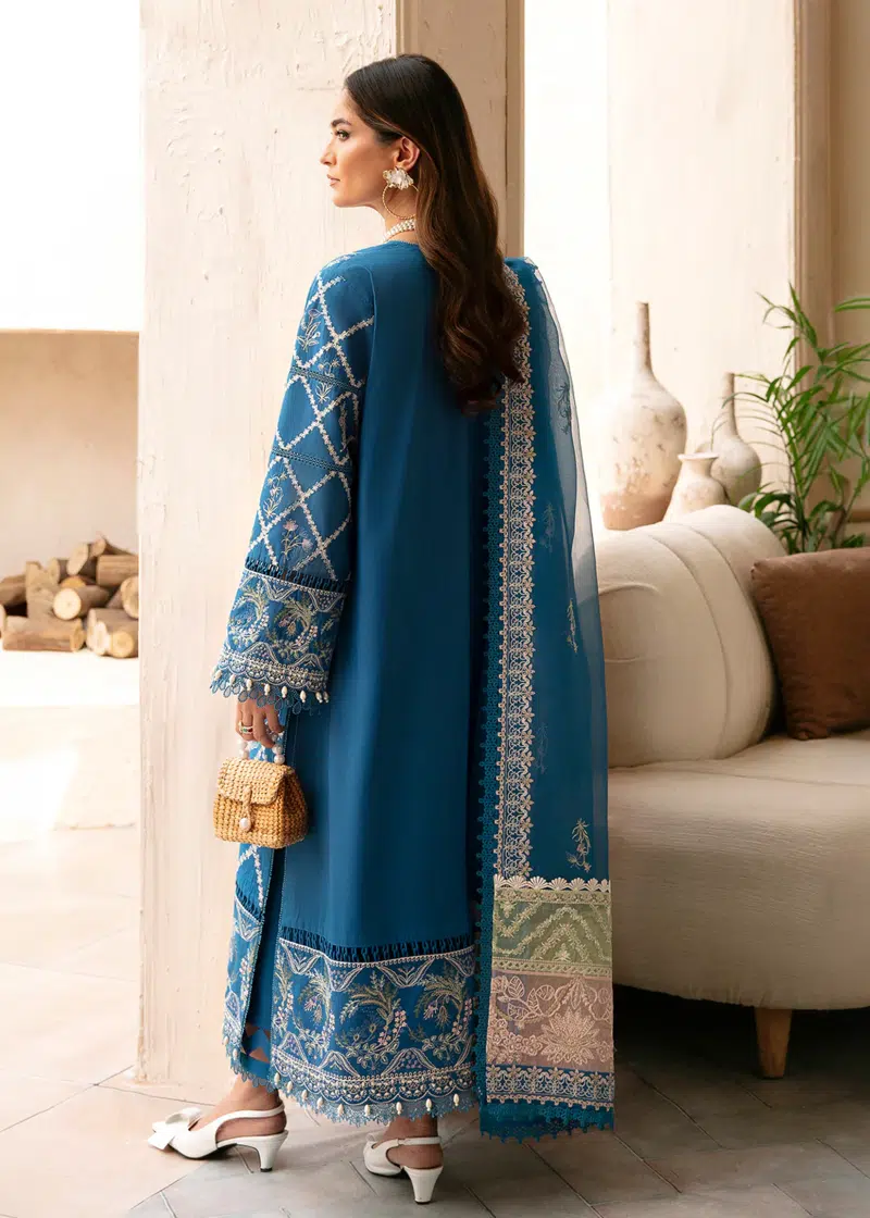 Afrozeh CASCADE Luxury Lawn | Blue | Unstitched | Party wear | Organza embroidered Dupatta | Amelia 666 - Image 2