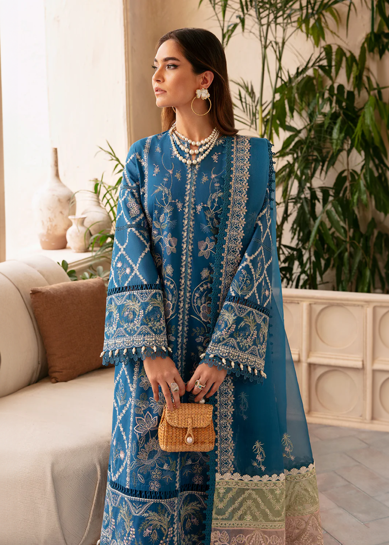 Afrozeh CASCADE Luxury Lawn | Blue | Unstitched | Party wear | Organza embroidered Dupatta | Amelia 666 - Image 3