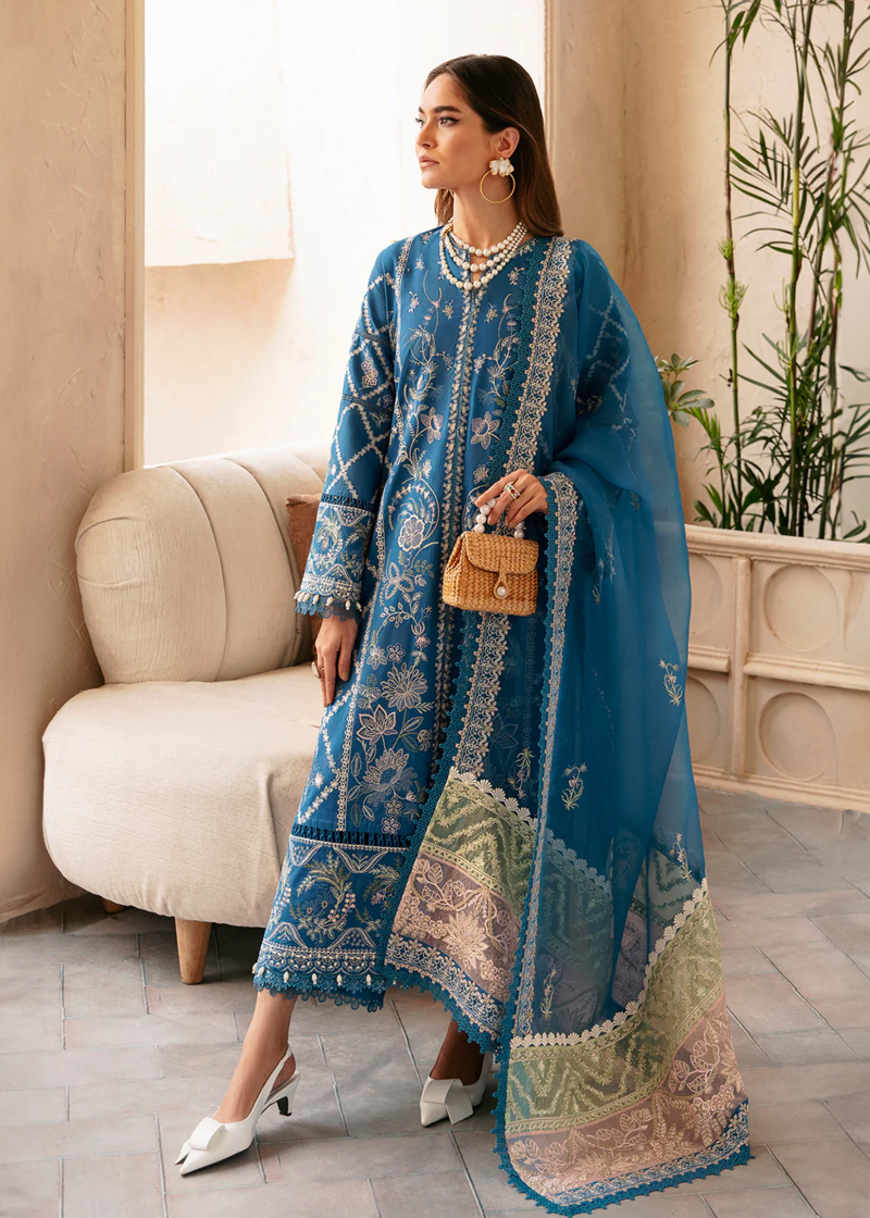 Afrozeh CASCADE Luxury Lawn | Blue | Unstitched | Party wear | Organza embroidered Dupatta | Amelia 666 - Image 4