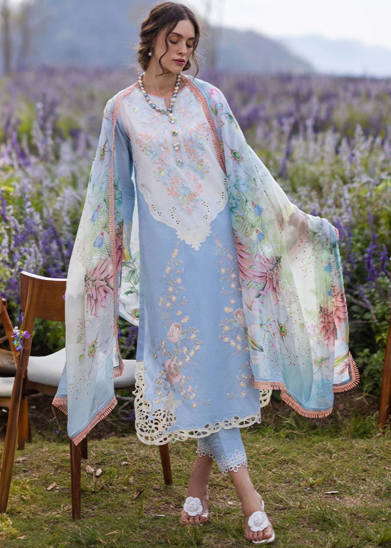 Mushq Lawn | Ice Blue | Unstitched | Party wear | Digital print pure chiffon dupatta | Solara Myosotis HML24-8A - Image 2