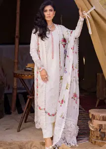 Mahiymaan Luxury Lawn | Cream | Unstitched | Party wear | Digital printed silk dupatta | Pristine Flair M-03