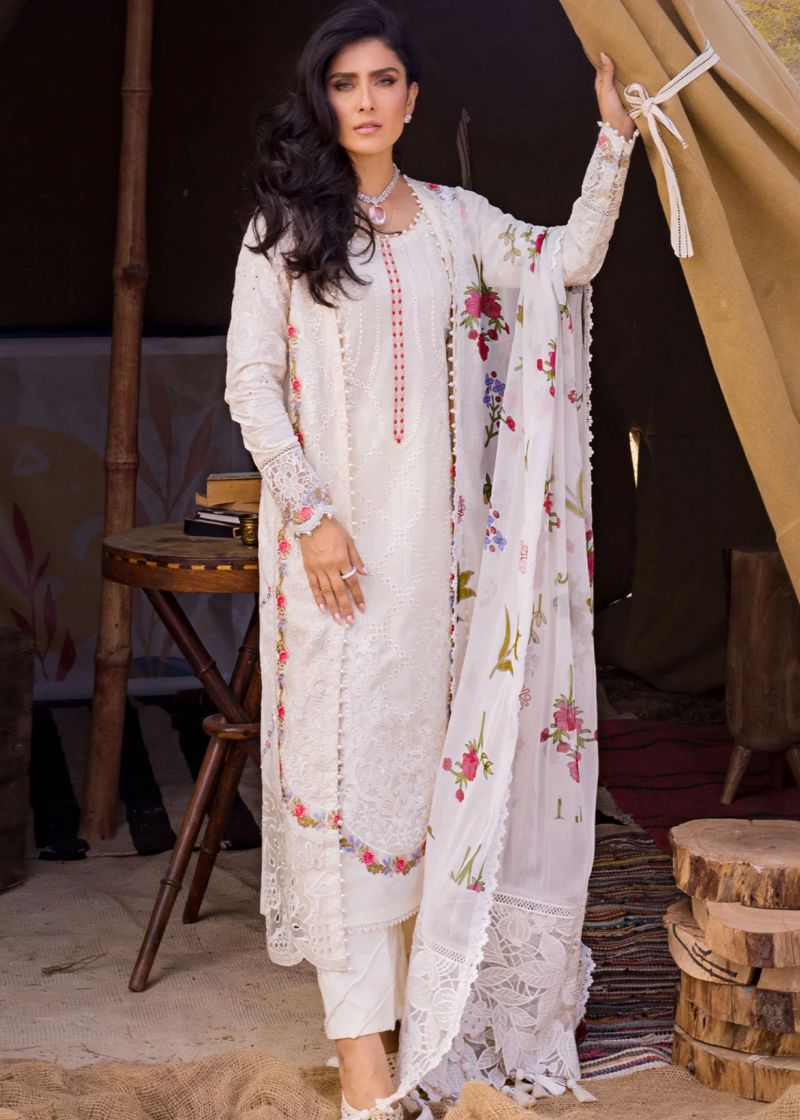 Mahiymaan Luxury Lawn | Cream | Unstitched | Party wear | Digital printed silk dupatta | Pristine Flair M-03