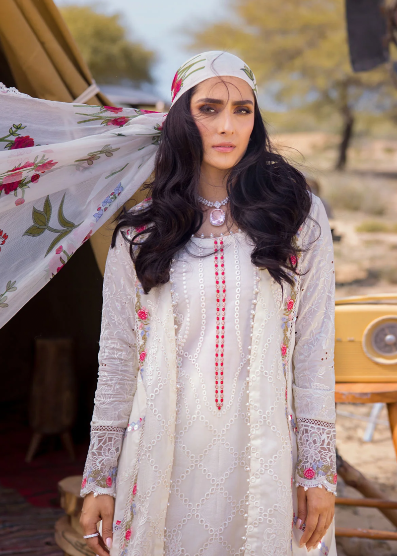 Mahiymaan Luxury Lawn | Cream | Unstitched | Party wear | Digital printed silk dupatta | Pristine Flair M-03 - Image 2