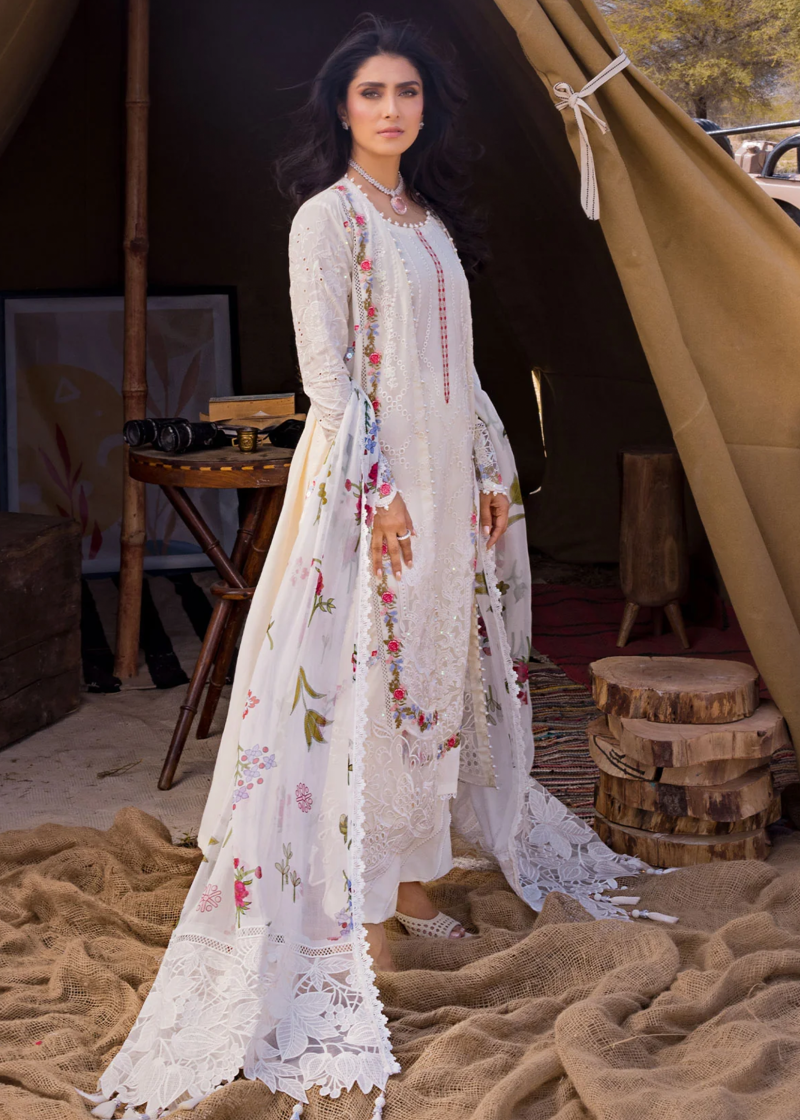 Mahiymaan Luxury Lawn | Cream | Unstitched | Party wear | Digital printed silk dupatta | Pristine Flair M-03 - Image 3