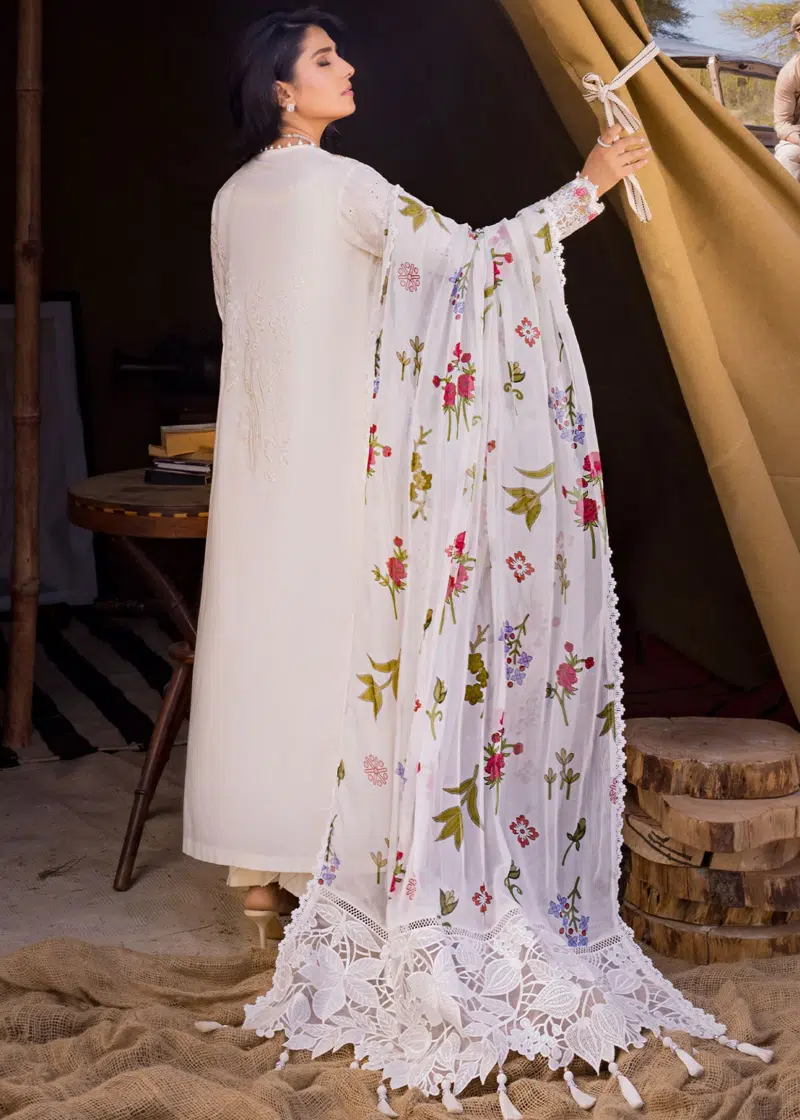 Mahiymaan Luxury Lawn | Cream | Unstitched | Party wear | Digital printed silk dupatta | Pristine Flair M-03 - Image 4