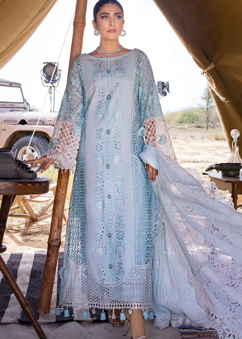 Mahiymaan Luxury Lawn | Sky Blue | Unstitched | Party wear | Digital printed silk dupatta | Serene Skyline M-04