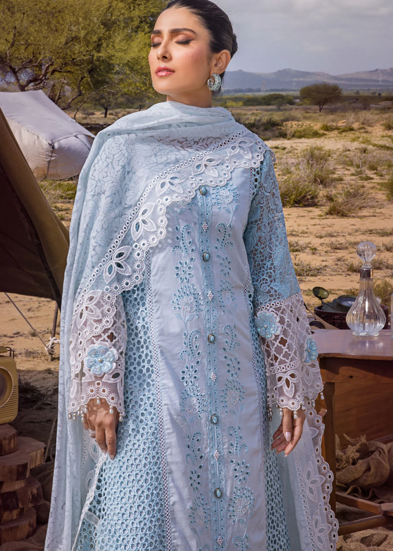 Mahiymaan Luxury Lawn | Sky Blue | Unstitched | Party wear | Digital printed silk dupatta | Serene Skyline M-04 - Image 2