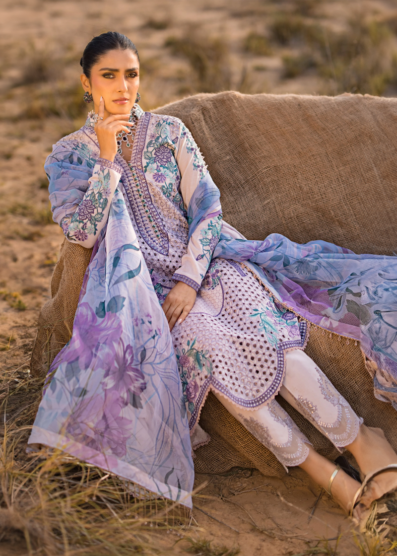 Mahiymaan Luxury Lawn | Light Purple | Unstitched | Party wear | Digital printed silk dupatta | Lavender Mist M-06 - Image 3