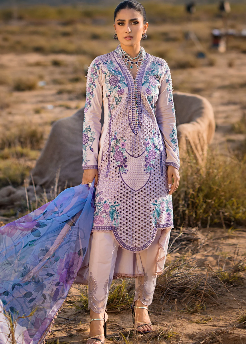 Mahiymaan Luxury Lawn | Light Purple | Unstitched | Party wear | Digital printed silk dupatta | Lavender Mist M-06 - Image 4