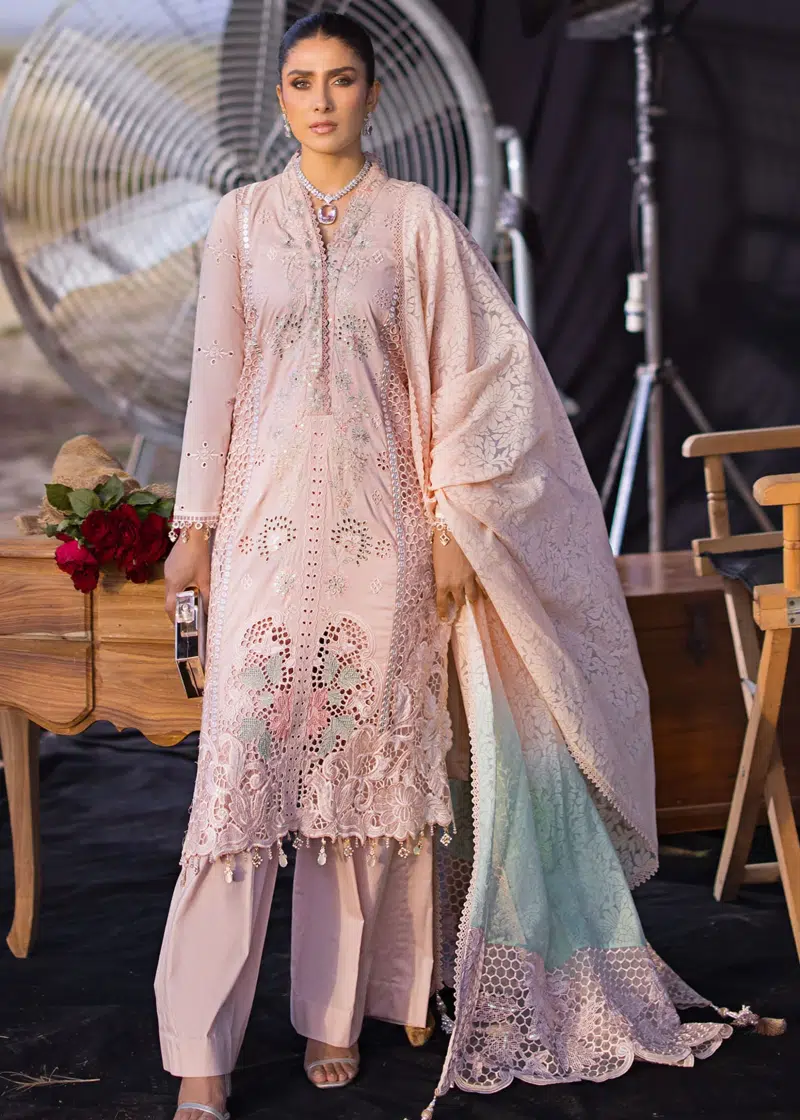 Mahiymaan Luxury Lawn | Pink | Unstitched | Party wear | Digital printed silk dupatta | Rose Gold M-07