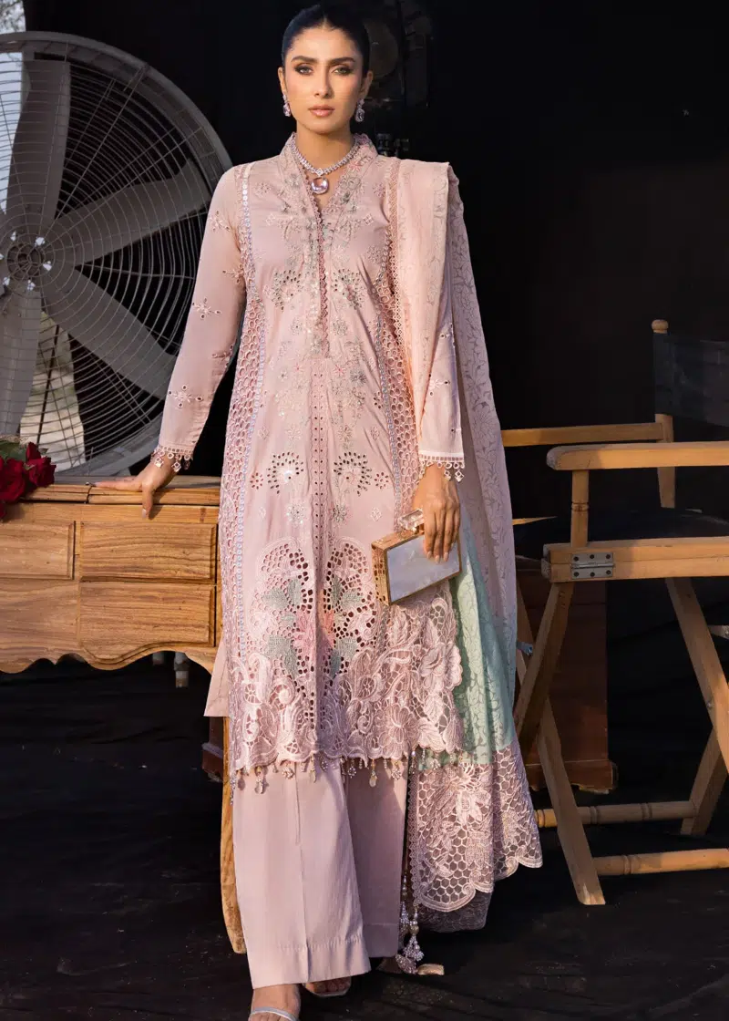 Mahiymaan Luxury Lawn | Pink | Unstitched | Party wear | Digital printed silk dupatta | Rose Gold M-07 - Image 3