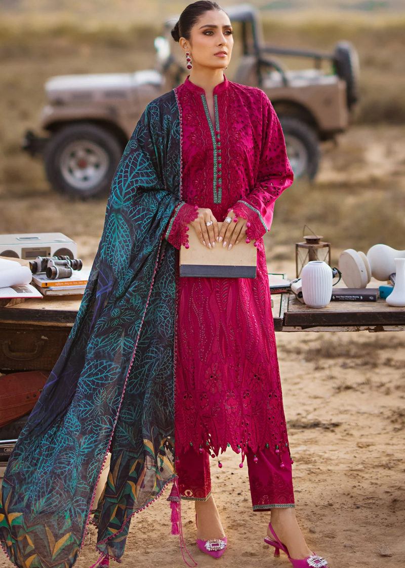 Mahiymaan Luxury Lawn | Magenta | Unstitched | Party wear | Digital printed silk dupatta | Regal Raspberry M-08