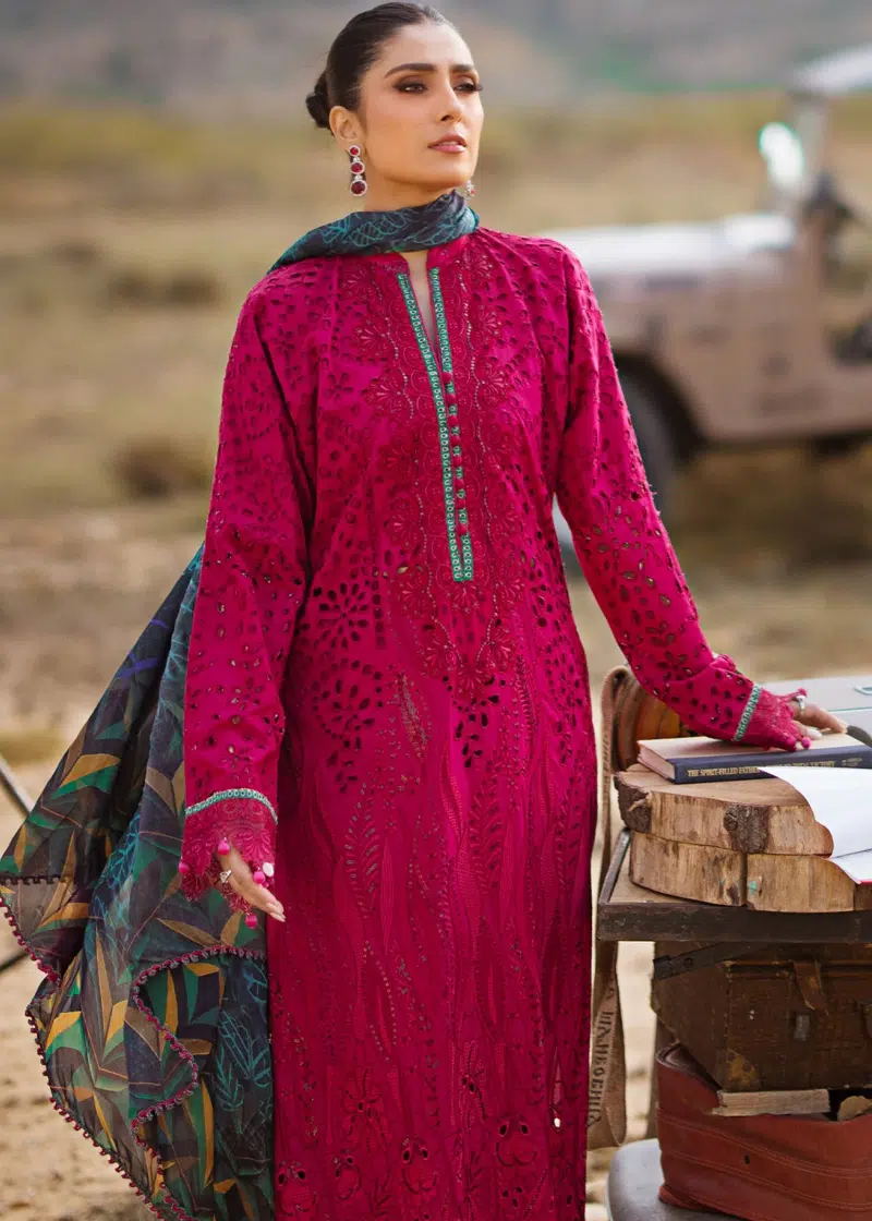 Mahiymaan Luxury Lawn | Magenta | Unstitched | Party wear | Digital printed silk dupatta | Regal Raspberry M-08 - Image 2