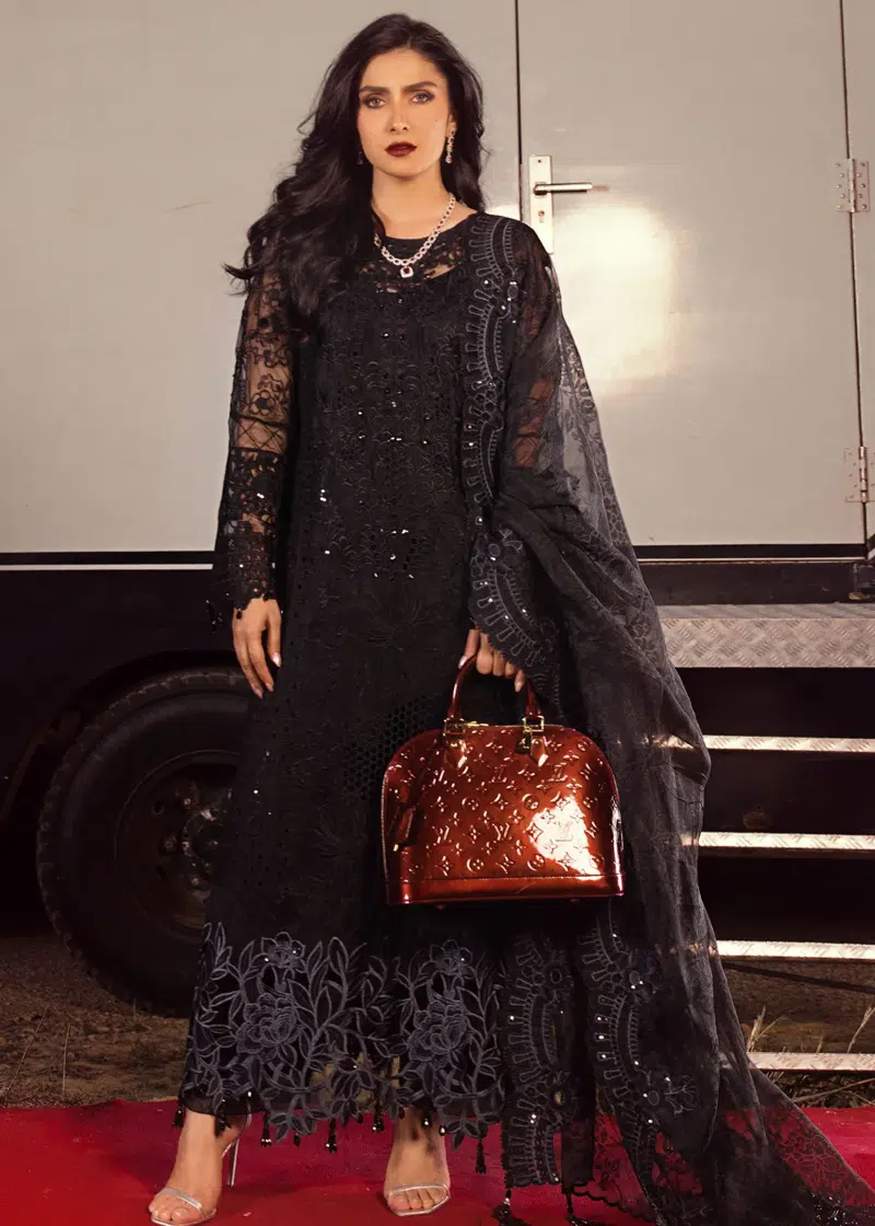 Mahiymaan Luxury Lawn | Black | Unstitched | Party wear | Digital printed silk dupatta | Midnight Majesty M-10