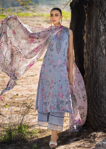 Mahiymaan Luxury Lawn | Grey | Unstitched | Party wear | Digital printed silk dupatta | Blossom Ash M-11