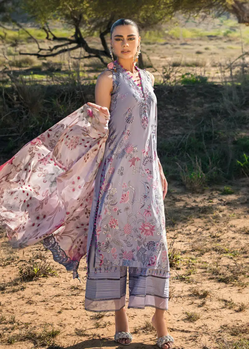 Mahiymaan Luxury Lawn | Grey | Unstitched | Party wear | Digital printed silk dupatta | Blossom Ash M-11 - Image 2