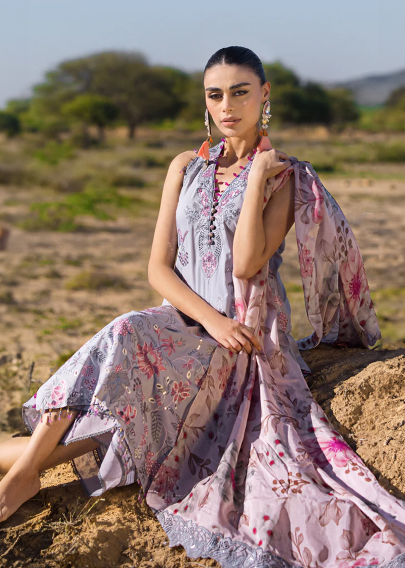 Mahiymaan Luxury Lawn | Grey | Unstitched | Party wear | Digital printed silk dupatta | Blossom Ash M-11 - Image 3