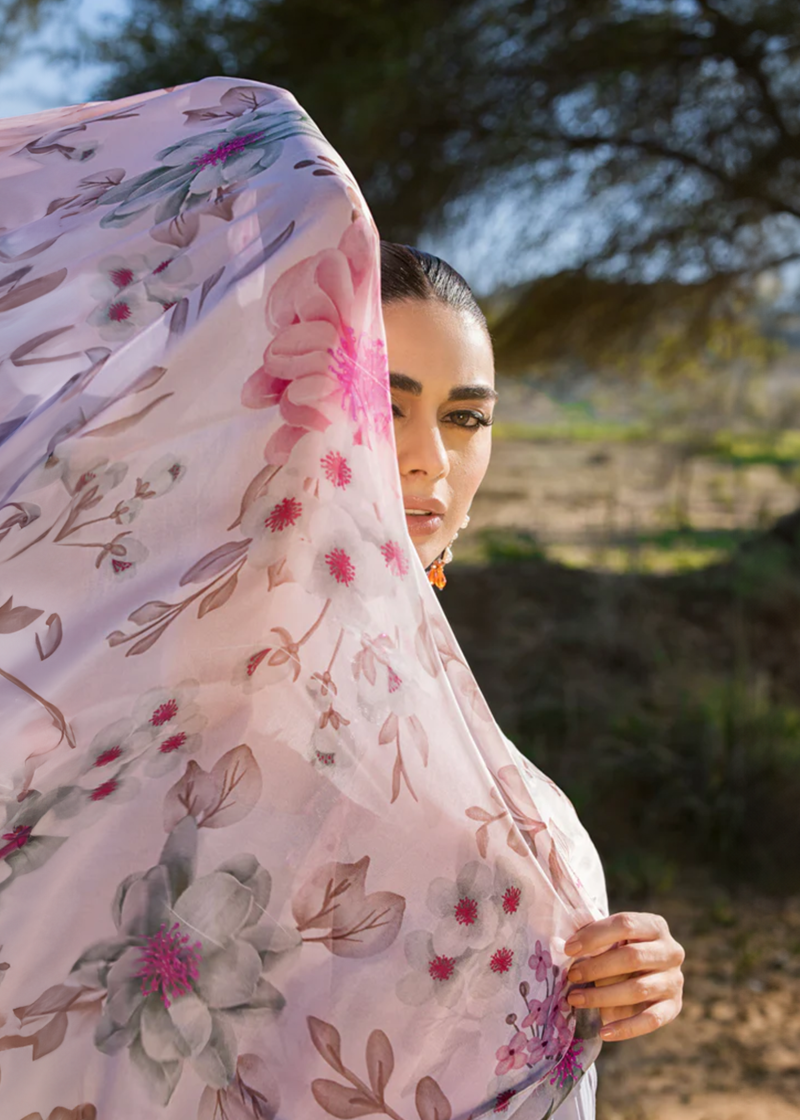 Mahiymaan Luxury Lawn | Grey | Unstitched | Party wear | Digital printed silk dupatta | Blossom Ash M-11 - Image 4