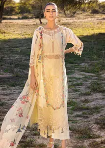 Mahiymaan Luxury Lawn | Light Yellow | Unstitched | Party wear | Digital printed silk dupatta | Lemon Delight M-12