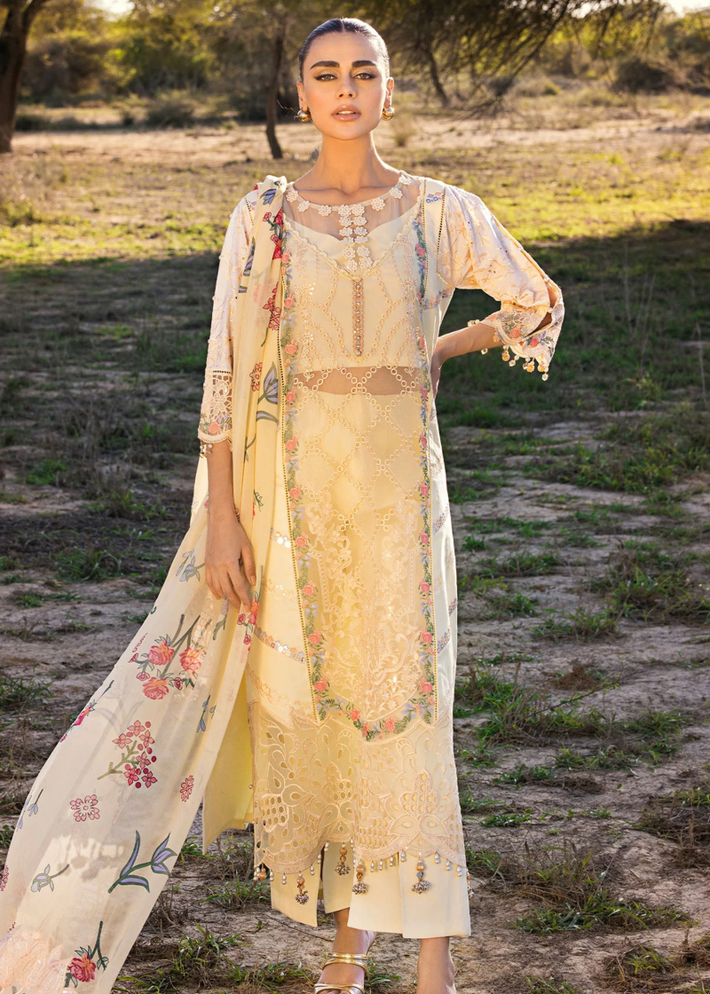 Mahiymaan Luxury Lawn | Light Yellow | Unstitched | Party wear | Digital printed silk dupatta | Lemon Delight M-12
