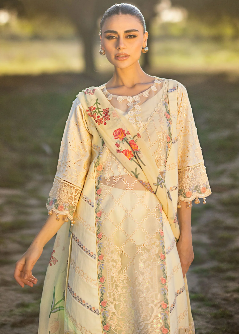 Mahiymaan Luxury Lawn | Light Yellow | Unstitched | Party wear | Digital printed silk dupatta | Lemon Delight M-12 - Image 2