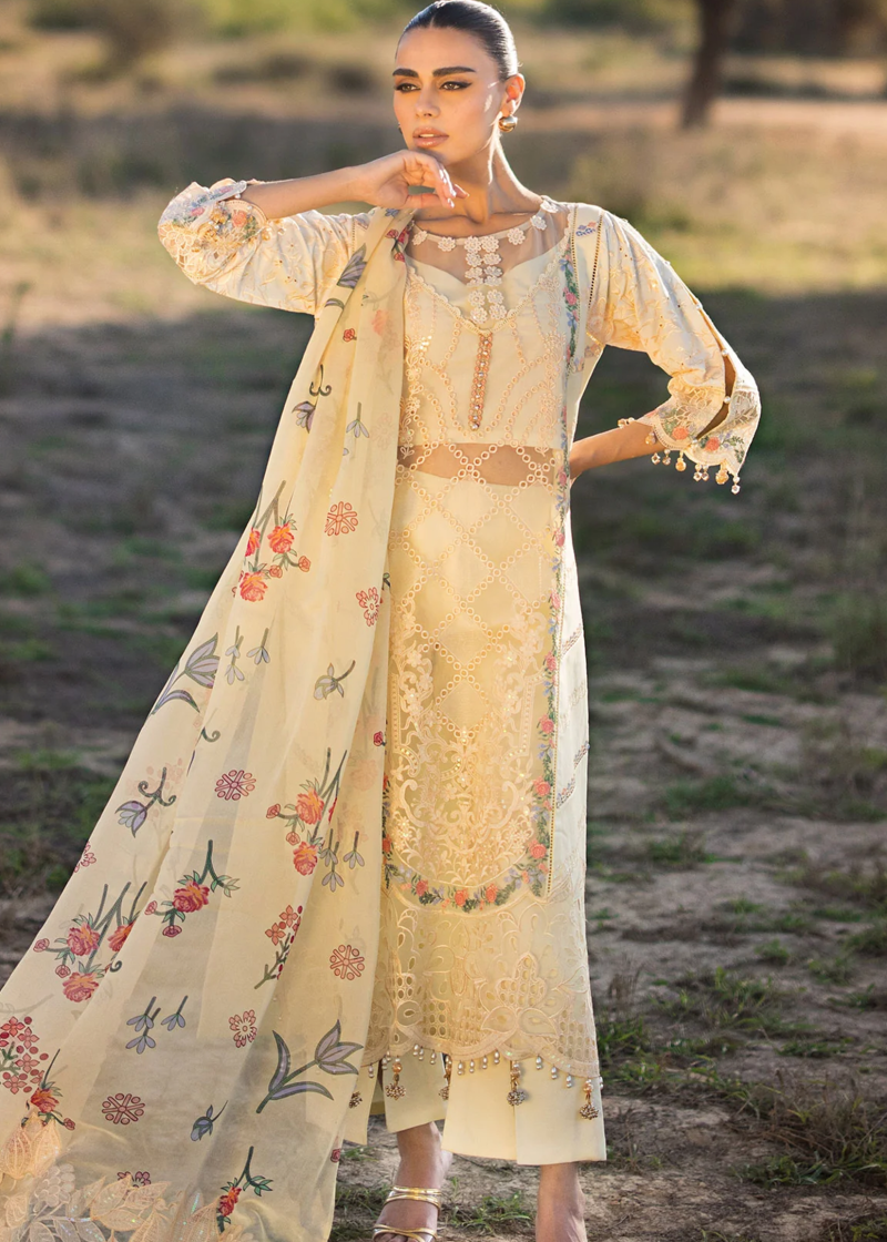 Mahiymaan Luxury Lawn | Light Yellow | Unstitched | Party wear | Digital printed silk dupatta | Lemon Delight M-12 - Image 4