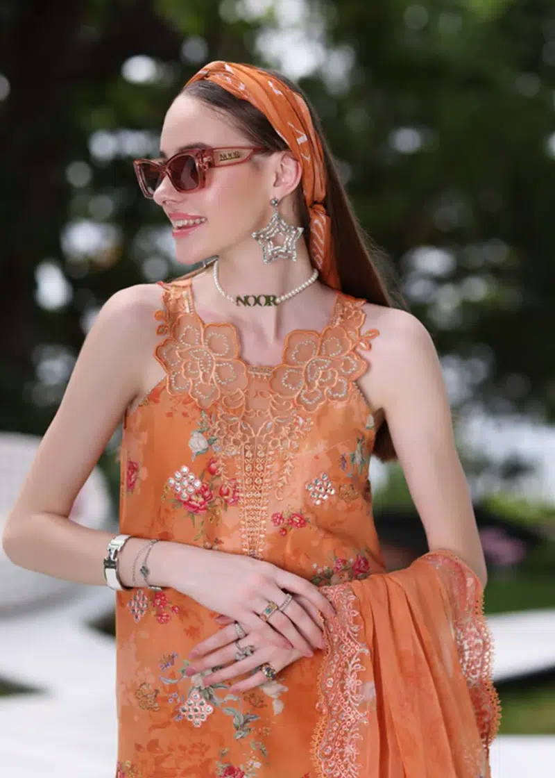 Noor By Saadia Noor Luxe Print Kari | Orange | Unstitched | Party Wear | Digital printed chiffon dupatta | D4A - Image 2