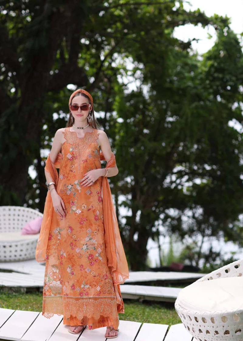 Noor By Saadia Noor Luxe Print Kari | Orange | Unstitched | Party Wear | Digital printed chiffon dupatta | D4A - Image 3