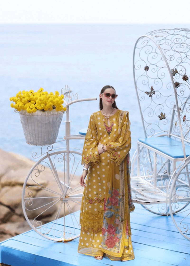 Noor By Saadia Noor Luxe Print Kari | Mustard | Unstitched | Party Wear | Digital printed chiffon dupatta | D6B - Image 2