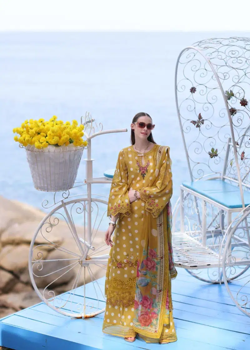 Noor By Saadia Noor Luxe Print Kari | Mustard | Unstitched | Party Wear | Digital printed chiffon dupatta | D6B - Image 2