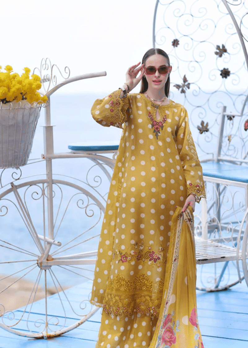 Noor By Saadia Noor Luxe Print Kari | Mustard | Unstitched | Party Wear | Digital printed chiffon dupatta | D6B - Image 3