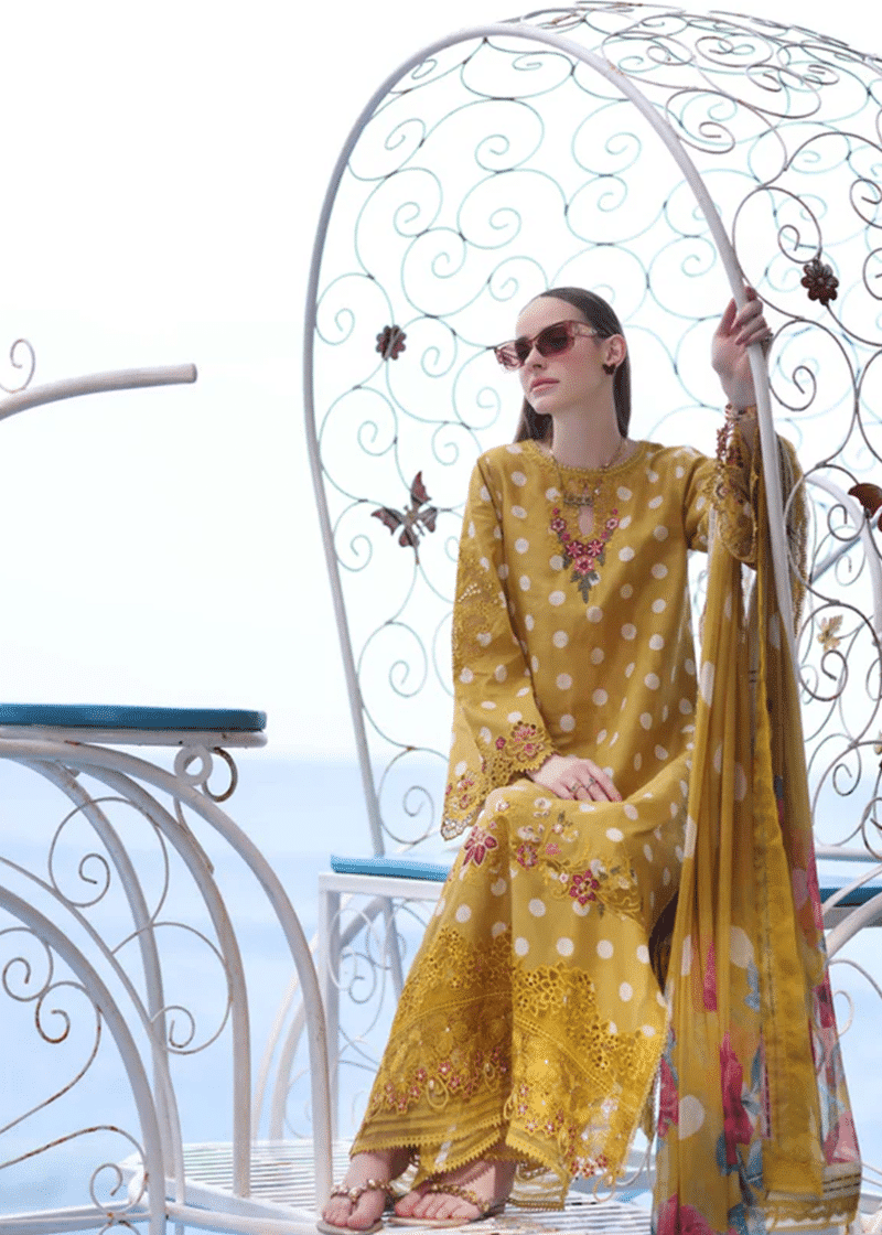 Noor By Saadia Noor Luxe Print Kari | Mustard | Unstitched | Party Wear | Digital printed chiffon dupatta | D6B - Image 4