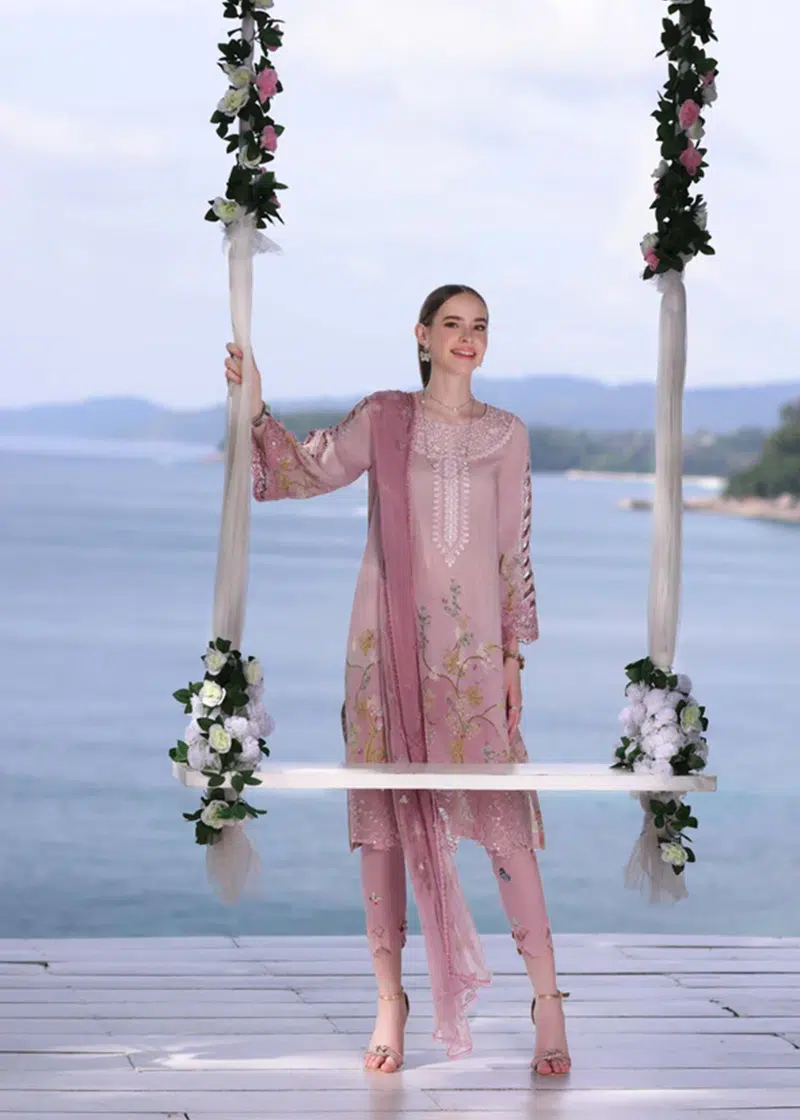 Noor By Saadia Noor Luxe Print Kari | Pearl Pink | Unstitched | Party Wear | Digital printed chiffon dupatta | D7A - Image 3