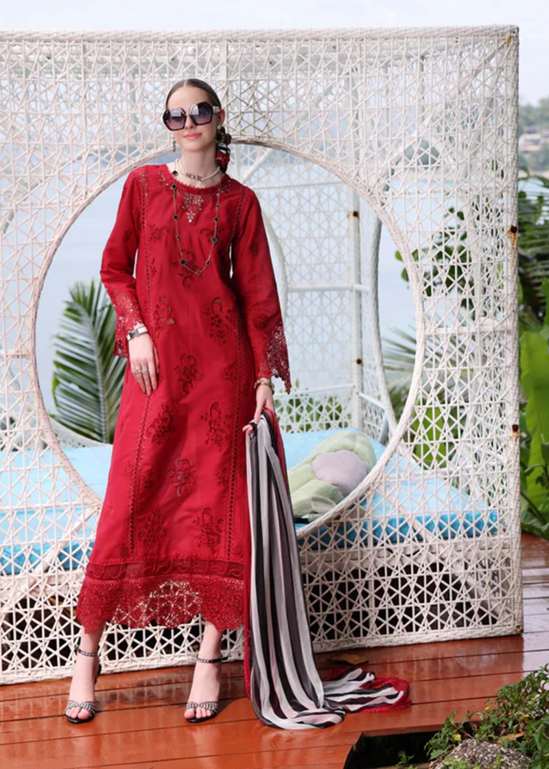 Noor By Saadia Noor Luxe Print Kari | Red | Unstitched | Party Wear | Digital printed chiffon dupatta | D8A - Image 2