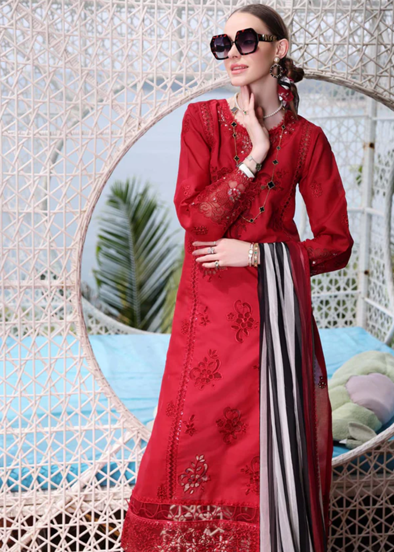 Noor By Saadia Noor Luxe Print Kari | Red | Unstitched | Party Wear | Digital printed chiffon dupatta | D8A - Image 3