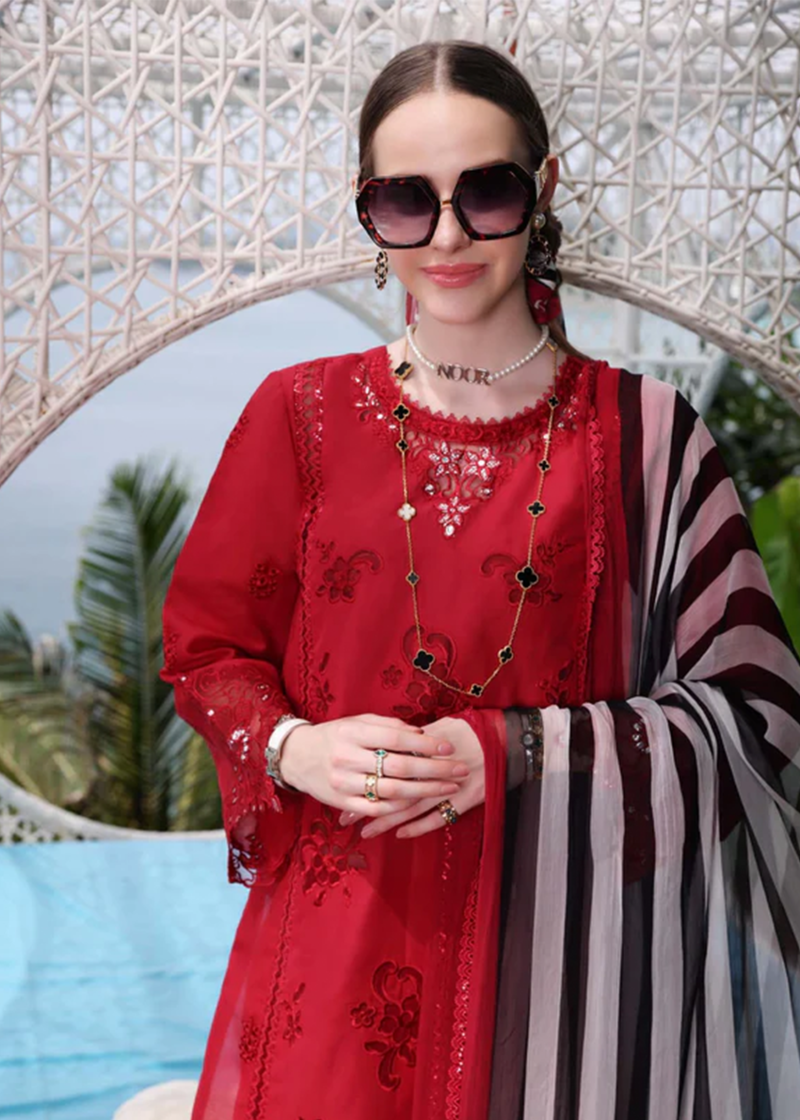 Noor By Saadia Noor Luxe Print Kari | Red | Unstitched | Party Wear | Digital printed chiffon dupatta | D8A - Image 4