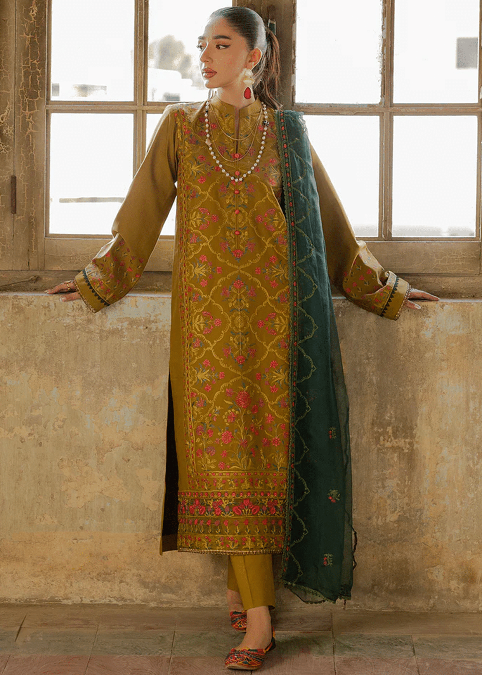 RajBari Lawn | Mehndi Green | Unstitched | Party wear | embroidered Fancy Dupatta | 4-B - Image 2