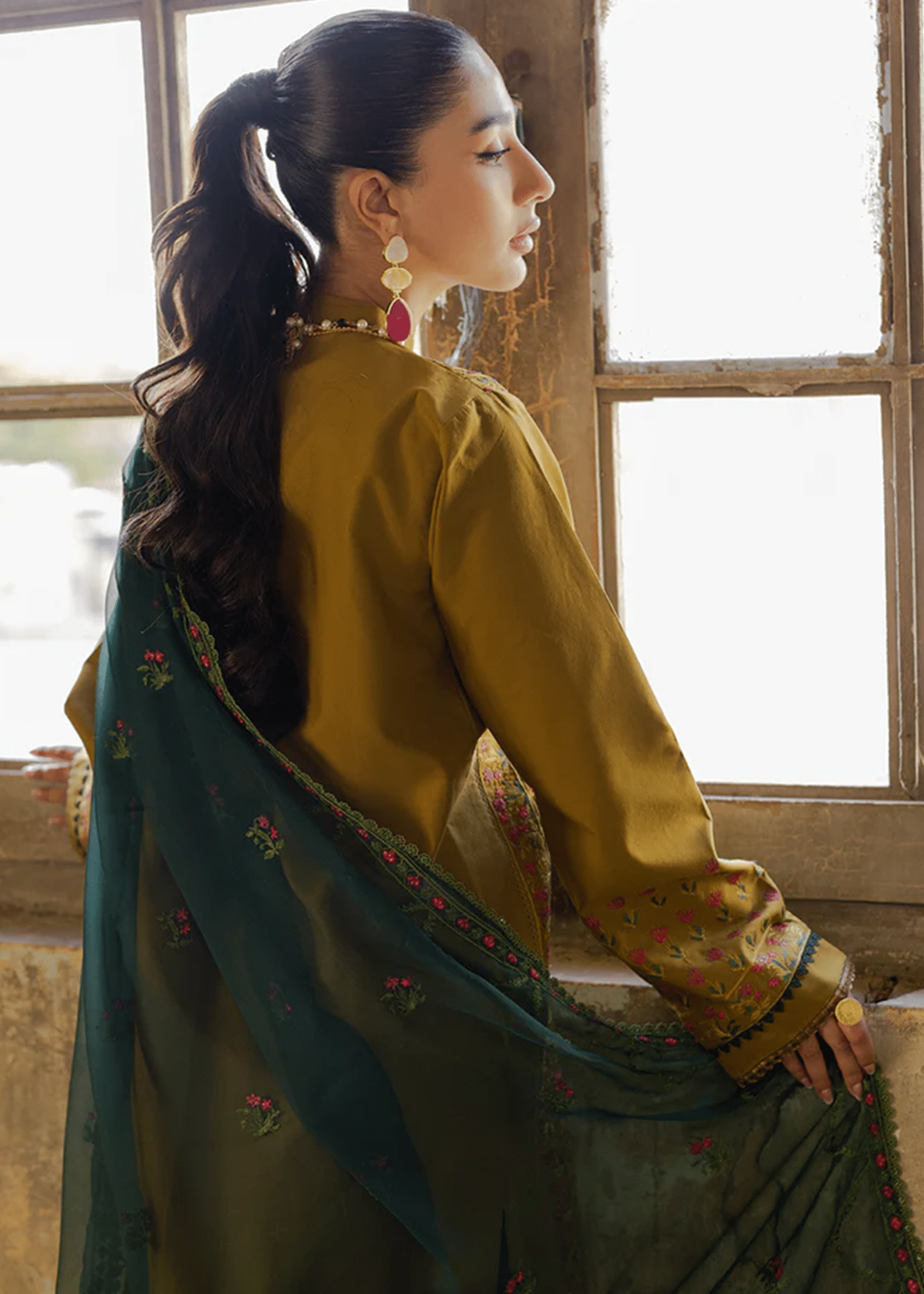RajBari Lawn | Mehndi Green | Unstitched | Party wear | embroidered Fancy Dupatta | 4-B - Image 3