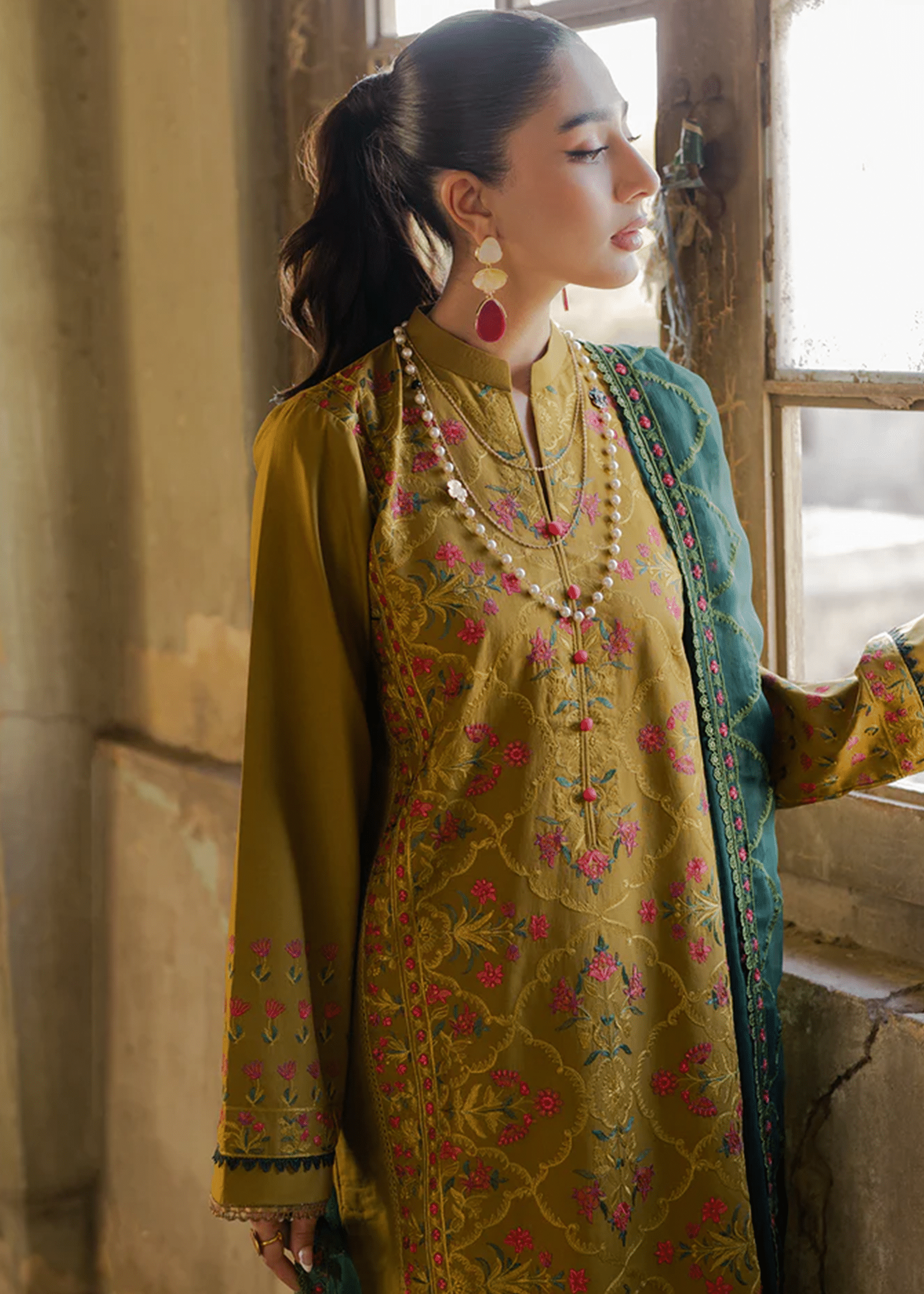 RajBari Lawn | Mehndi Green | Unstitched | Party wear | embroidered Fancy Dupatta | 4-B - Image 4